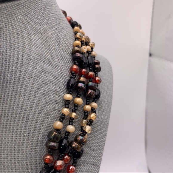 Vintage Neutral Brown, Red, Black Beige Layered Chunky Beaded Short Necklace 16" - Picture 2 of 7